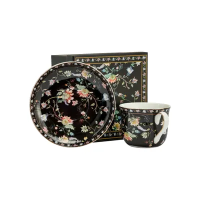 Zdjęcie produktu dla Filiżanka Porcelanowa czarna Duża 400ml w kwiaty ze spodkiem do kawy herbat