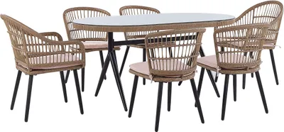 Produktbild von BELIANI Gartenset Hellbraun u. Rosa Polyrattan Polyester 6-Sitzer Tisch 6 Stühle Garten Terrasse Outdoor Modern