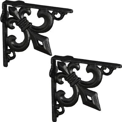 Image de Relaxdays : supports d'étagère style antique, lot de 2, supports en fonte, motif de lys, supports muraux vintage pour étagères, noir