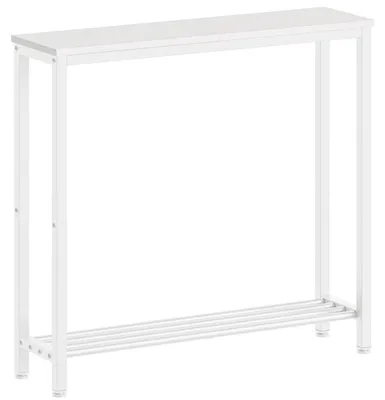 Immagine prodotto di Tavolino consolle stretto, a due ripiani, da ingresso, in legno, con struttura in metallo, salvaspazio, colore bianco, dimensioni 75x20x75 cm