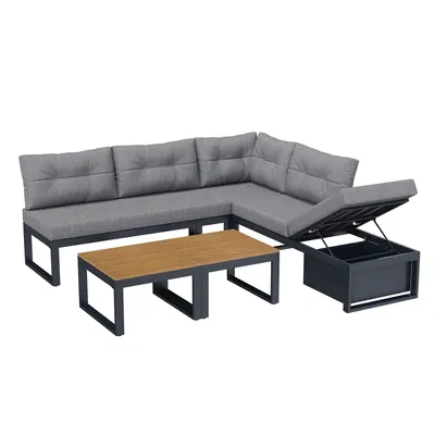 Produktbild von LVHOM Gartenlounge Set mit Liegefunktion, Gartenmöbel Set mit Stauraum, L-Form Outdoor Sofa aus Metall, Ecklounge mit Kissen und Couchtische, Grau
