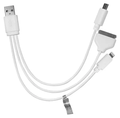 A white multi-USB charging cable with a standard USB-A connector on one end and three different connectors (USB-C, Micro-USB, and Lightning) on the other.