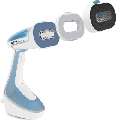 A handheld garment steamer with detachable accessories shown in an exploded view against a white background.