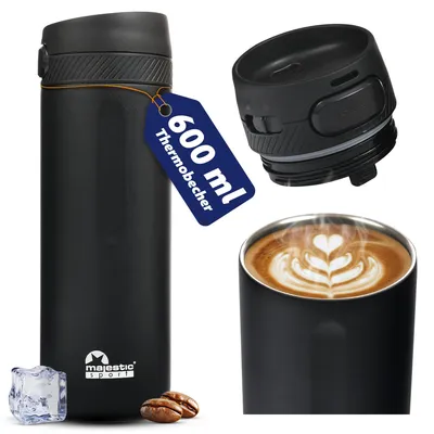 Zdjęcie produktu dla Majestic Sport Nord kubek termiczny 600 ml, kubek do kawy na wynos 100% szczelny, utrzymuje ciepło przez co najmniej 6 godzin, nie zawiera BPA - smukła stal nierdzewna, czarny.