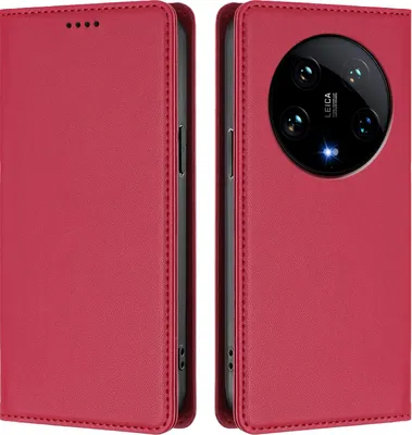 Obrázek produktu pro Kožené pouzdro pro Xiaomi 14 Ultra, magnetické flipové pouzdro zPolyuretankůže se stojánkem Červená