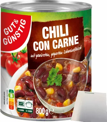 Produktbild von Gut & Günstig Chili con Carne mit pikantem Schweinefleisch Bohnen Tomaten und Mais (800g Dose) + usy Block