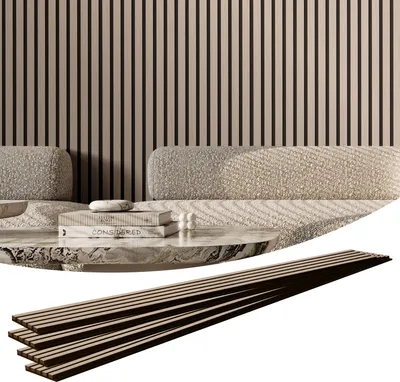 A set of wooden acoustic panels is displayed in front of a sofa and a slatted wall.
