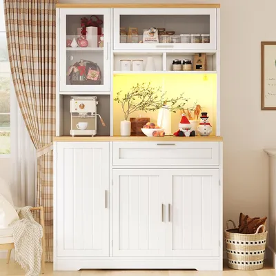 Produktbild von Küchenschrank mit LED-Beleuchtung Vorratsschrank Hochschrank Vitrine für Küche & Wohnzimmer 104x40x180cm Weiß