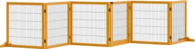 Zdjęcie produktu dla PawHut Dog Barrier Regulowana bramka ochronna z nóżkami 432 x 70 cm Drewniana bramka dla psa Składana bramka schodowa dla psa na schody, drzwi, korytarz, 6 paneli, żółta