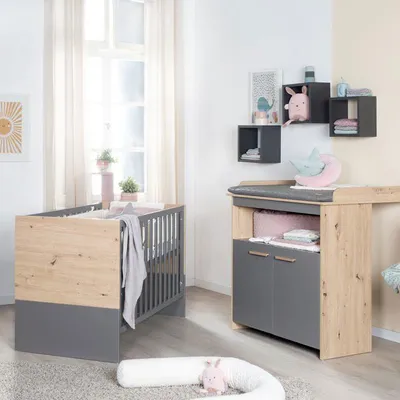 Produktbild von Babyzimmer Set: Kinderbett 60 x 120 cm, Wickelkommode, Anna Serie, Roba, Eiche Kent, Anthrazit, Umbaubar