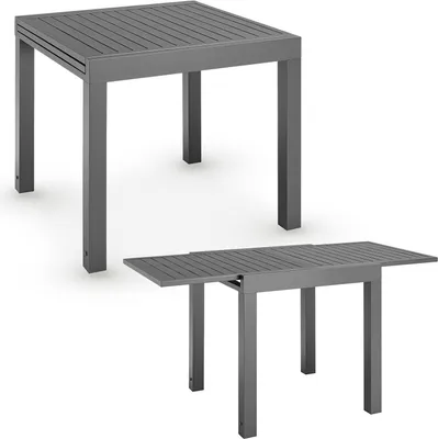 Two gray outdoor tables on a white background. One table is fully assembled and square, while the other is extended and rectangular.