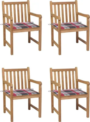 Produktbild von Gartenstühle 4 Stk. Rote Karomuster-Kissen Massivholz Teak