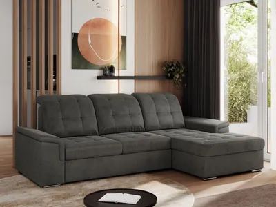 Produktbild von MKS MEBLE Sofa mit Schlaffunktion - Ecksofa mit Schlaffunktion und Bettkasten - Sofa 3 Sitzer - Schlafsofa - Couch - Schlafsofa mit Bettkasten - Madrito L - Dunkelgrau Velvet - Rechts Seite