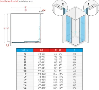 A diagram showing installation dimensions and a table with size specifications for a shower cabin.
