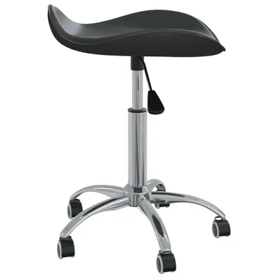 A product shot of a black saddle stool with a chrome base and wheels.