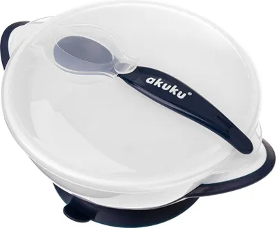 Immagine prodotto di AKUKU Ciotola con coperchio a ventosa + cucchiaio - Bianco nero