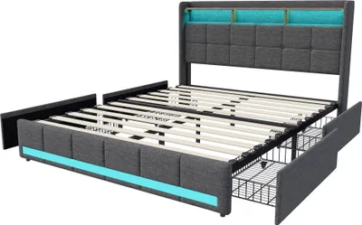 Produktbild von 160x200 cm großes Bett mit LED-Beleuchtung und 2 USB-C-Anschlüssen, gepolstertes Doppelbett mit 4 Schubladen, Leinenbezug, Grau