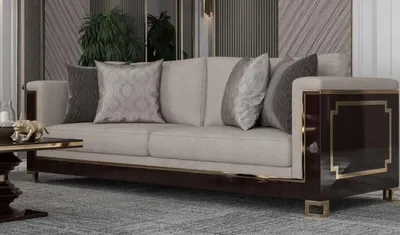 Produktbild von Casa Padrino Luxus Art Deco Sofa Hellgrau / Dunkelbraun Hochglanz / Gold - Handgefertigtes Massivholz Wohnzimmer Sofa mit edlem Samtsoff - Luxus Qualität - Art Deco Möbel