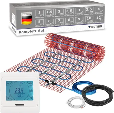 A product shot of an electric underfloor heating system, including the heating mat, thermostat, and cables, with packaging in the background.
