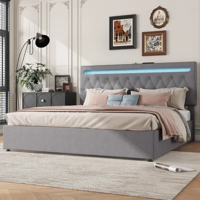 Image de Lit boxspring rembourré 180x200 avec éclairage d’ambiance LED et ports USB & Type-C,lit coffre hydraulique avec grand rangement (sans matelas)Gris
