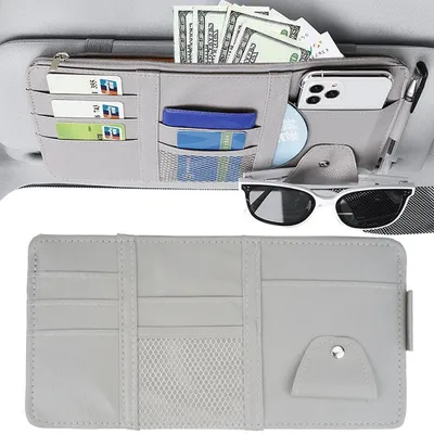 Immagine prodotto di Organizzatore per parasole dell'auto, in ecopelle, dimensioni 31x15,5 cm, con 9 tasche e clip per occhiali