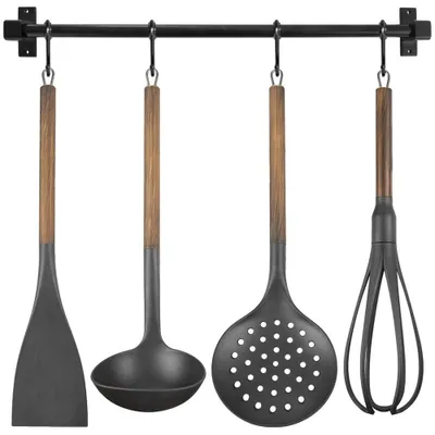 Obrázek produktu pro Orion | Kuchyňská závěsná lišta s náčiním 5dílná - 50,5 cm - Černá / Design dřeva