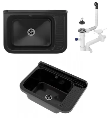 Immagine prodotto di Granitan - Lavabo - Lavello - 50x34x31 cm - Nero - con sifone - Lavello da cucina - POLO