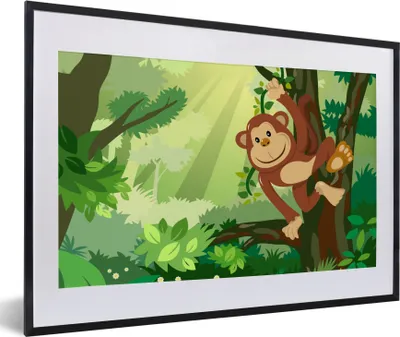 Produktbild von MuchoWow® Gerahmtes Poster Affe - Dschungel - Jungen - Mädchen - Blumen - Kinder 60x40 cm - Poster mit Schwarzem Bilderrahmen Wandposter Rahmen Foto Bilder - Schlafzimmer - Plakat in Rahmen - Drucken