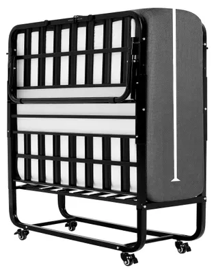 Produktbild von Klappbett 90x200 cm für Erwachsene mit ca. 13 cm Matratze aus Memory-Schaum, klappbar, Metallrahmen, mit Rollen, faltbares Metallbett, stabil bis 200 kg
