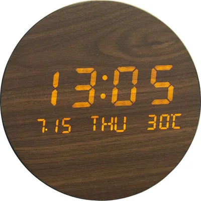 A round wooden digital clock displaying the time, date, and temperature.