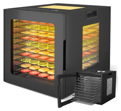 A black food dehydrator with multiple trays filled with sliced fruits and vegetables, shown from a slightly angled front view. A smaller, open version of the dehydrator is placed in the foreground.