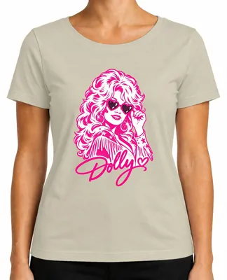 Zdjęcie produktu dla Damska koszulka z nadrukiem "Dolly Parton", country, muzyka, motyw kowbojski, styl retro, kolor różowy, rozmiar L