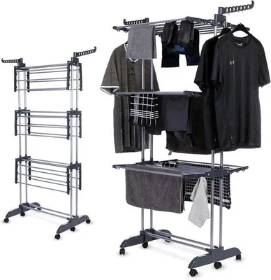 Productafbeelding van Wasrek - Droogrek Toren - Kleding Drogen - Inklapbaar Met Wielen - 45 x 75 x 173 cm - Zwart