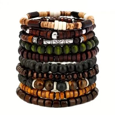 Produktbild von 10er Armband-Set – Holzperlen Naturfarben – inkl. 1 Naturstein-Armband Tigerauge Lava – Uni elastisch – Boho Casual Surfer Damen Herren