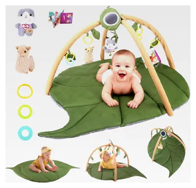 Produktbild von Baby-Spielbogen, Krabbelmatte mit blattförmigem Spielbogen, extra weiche Spieldecke für Babys von 0-18 Monaten mit 5 sensorischen Spielzeugen und Meilensteinkarten, Geschenk für Neugeborene