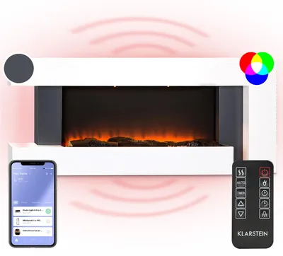 Obrázok produktu pre Klarstein Smart Dekoratívny krb s LED plameňmi, elektrický krb s ohrievačom, 2000W elektrický krb, úsporný elektrický krb, nástenný krb s diaľkovým ovládaním a časovačom, elektrické krby s MDF krytom