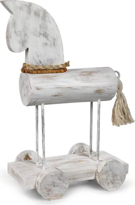 Produktbild von Skulptur Pferd auf Rollen Rollpferd Dekoration aus Mangoholz Massive Schnitzerei Unikat Handarbeit 38 x 20 x 54 cm weiß bemalt