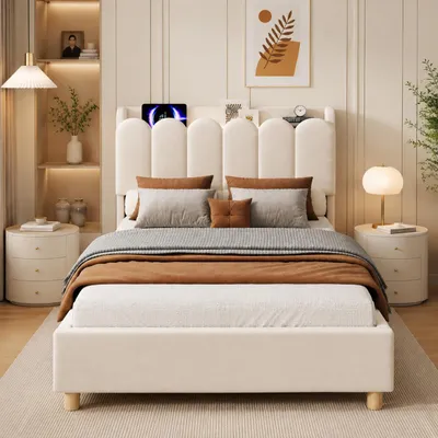 Produktbild von Flieks Polsterbett 90x200cm mit Usb und Type-c, Jugendbett Einzelbett mit Nachtlicht, Stauraumbett Kinderbett mit Lattenrost, Samt, Beige, KI-generiertes Bild