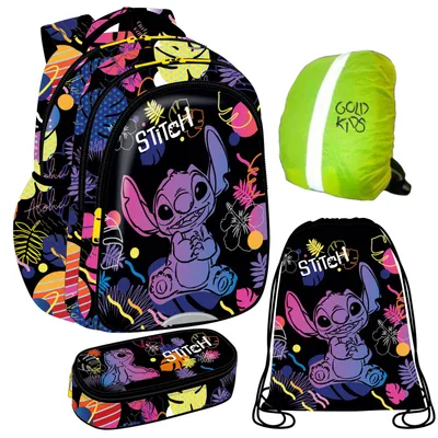 Produktbild von Goldkids - Rucksack für Jungen und Mädchen, 4er-Set - Schul-Rucksack für Kinder mit Federmäppchen - Schuhbeutel und Regenschutz - Stitch Motiv