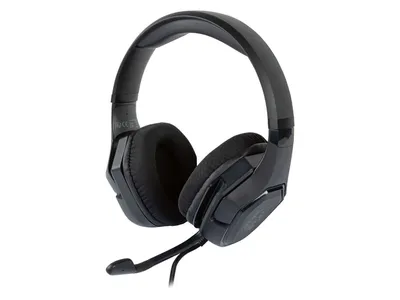 A black gaming headset with a microphone is shown against a white background.