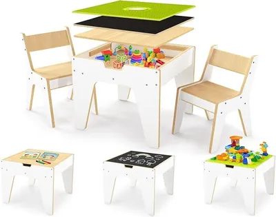 Imagen del producto de Conjunto de mesa y sillas multifuncional para niños, hecho de madera. Incluye una mesa infantil reversible con 2 sillas. Mesa infantil con espacio de almacenamiento, ideal para niñas y niños, como mesa de pintura, mesa de actividades o mesa de juegos
