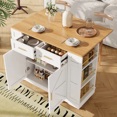 Obrázok produktu pre Flieks servírovací vozík so sklopnou pracovnou doskou, moderný kuchynský ostrov 120x40-65x90 cm, multifunkčný jedálenský vozík s množstvom úložného priestoru, biely