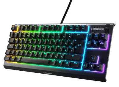 Produktbild von SteelSeries Apex 3 TKL Gaming Tastatur – RGB - Kompakter Tenkeyless-Formfaktor – 8-Zonen-RGB-Beleuchtung – Wasser- und Staubresistenz – Flüsterleise Gaming-Switches - UK Layout QWERTY - Schwarz