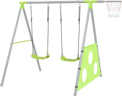 Produktbild von Fortuna Lai 3 in 1 Schaukelgestell Outdoor Schaukelgerüst mit 2 Schaukeln, Basketballkorb, Fußballtor, Kinderschaukel mit Metallgestell, Gartenschaukel für Kinder