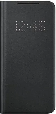 A black flip cover for a smartphone, displaying the time.