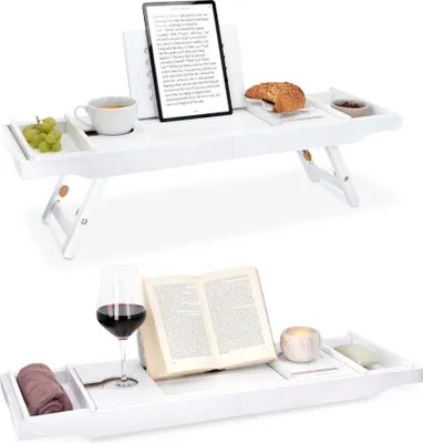 Produktbild von Navaris Bambus Badewannenablage Frühstückstablett ausziehbar - Buch Ablage Weinglas Halterung - Tablett für Badewanne und Bett - aus Holz in Weiß