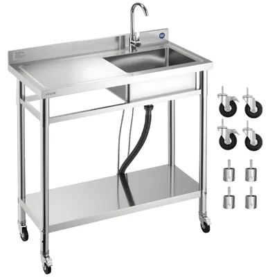 Obrázok produktu pre Drez VEVOR z nehrdzavejúcej ocele (1000 x 500 x 1055 mm), jednokomorový s batériou a kolieskami, kuchynský drez do garáže, práčovne, vonkajší drez s pracovnou doskou (vľavo)