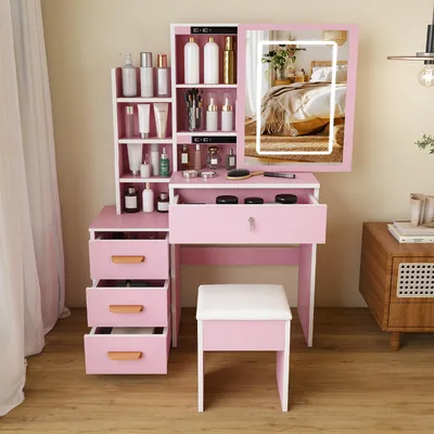 Produktbild von Schminktisch mit Spiegel und Beleuchtung, inklusive weichem Hocker, Schminktisch-Set, 3-farbig verstellbarer Beleuchtung, 4 Schubladen, Rosa