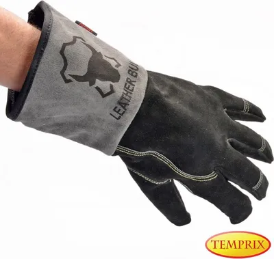 Produktbild von Leatherbull Kaminhandschuhe Ofenhandschuhe, Grillhandschuhe aus Leder |hitzebeständig mit langer Stulpe | Schwarz Grau - Größe M