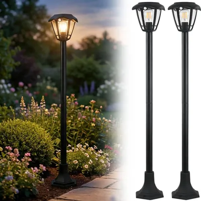 Produktbild von 2er-Set Solar-LED-Gartenlaterne mit PIR Bewegungssensor 90° & 6m Reichweite, IP44 Wasserfest, E27 Filament Lampe, 3 Modi, 111,5 cm, Aussenleuchte